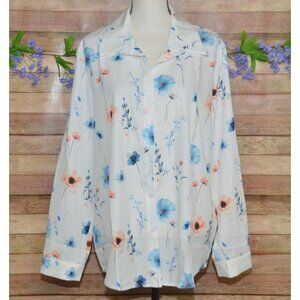 NWT Ladies White Floral Button Up Long Sleeve Blouse Top Size XL Collared Career